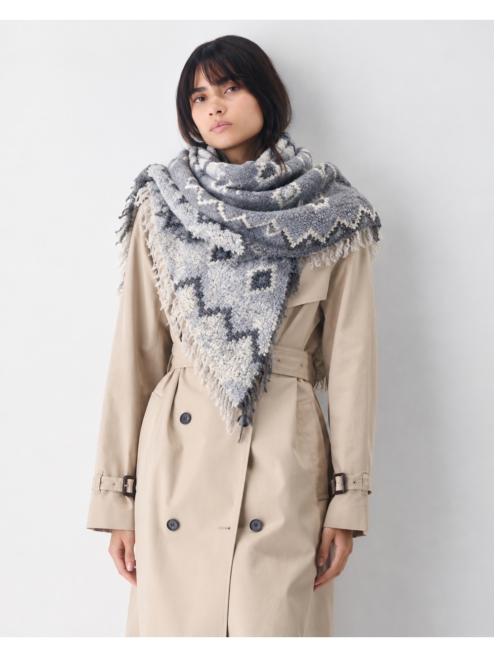 Wilfred Aritzia Scandi Wool Blanket Scarf Birch Grey Reversible Fringe